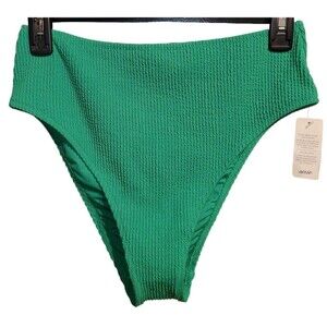NWT Aerie Womens Green Ribbed Swimsuit Bottoms, High Cut Cheeky, Size Large
